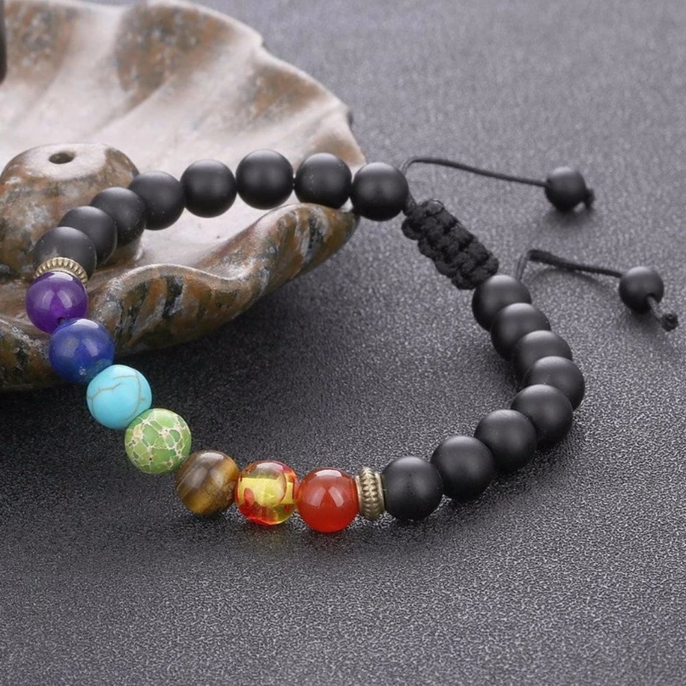Matte Onyx 7 Chakra Bracelet, Onyx Chakra Healing Bracelet, Healing Crystals